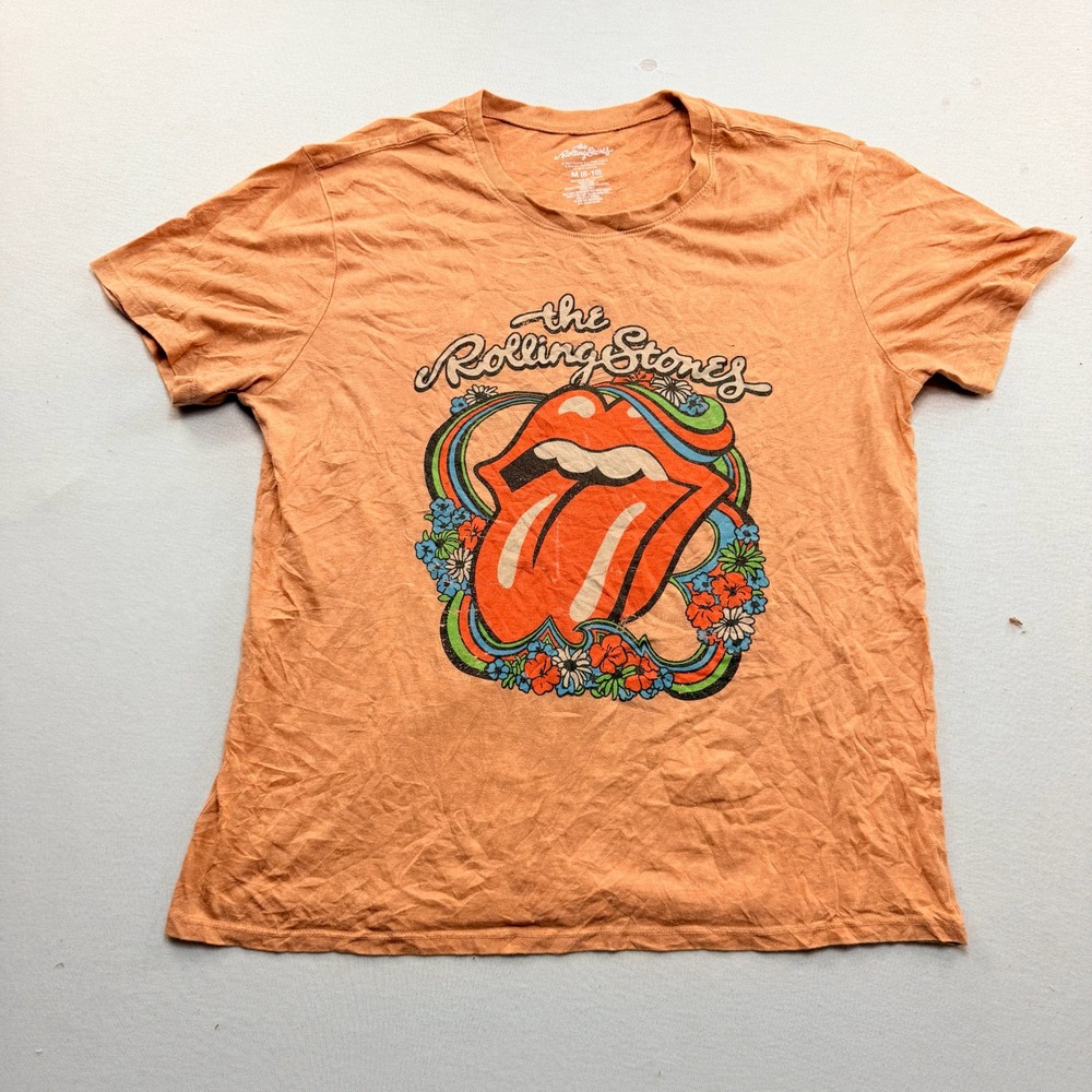 The Rolling Stones Graphic Tee Men Medium Orange Excellent Floral Tongue Logo
